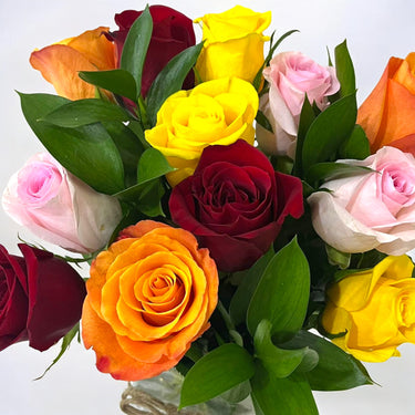 Mixed Color Roses in Glass Vase